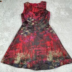 Leslie Fay Women Dress Size 8 Sleeveless A-Line Abstract Print Red Black‎ Gold
